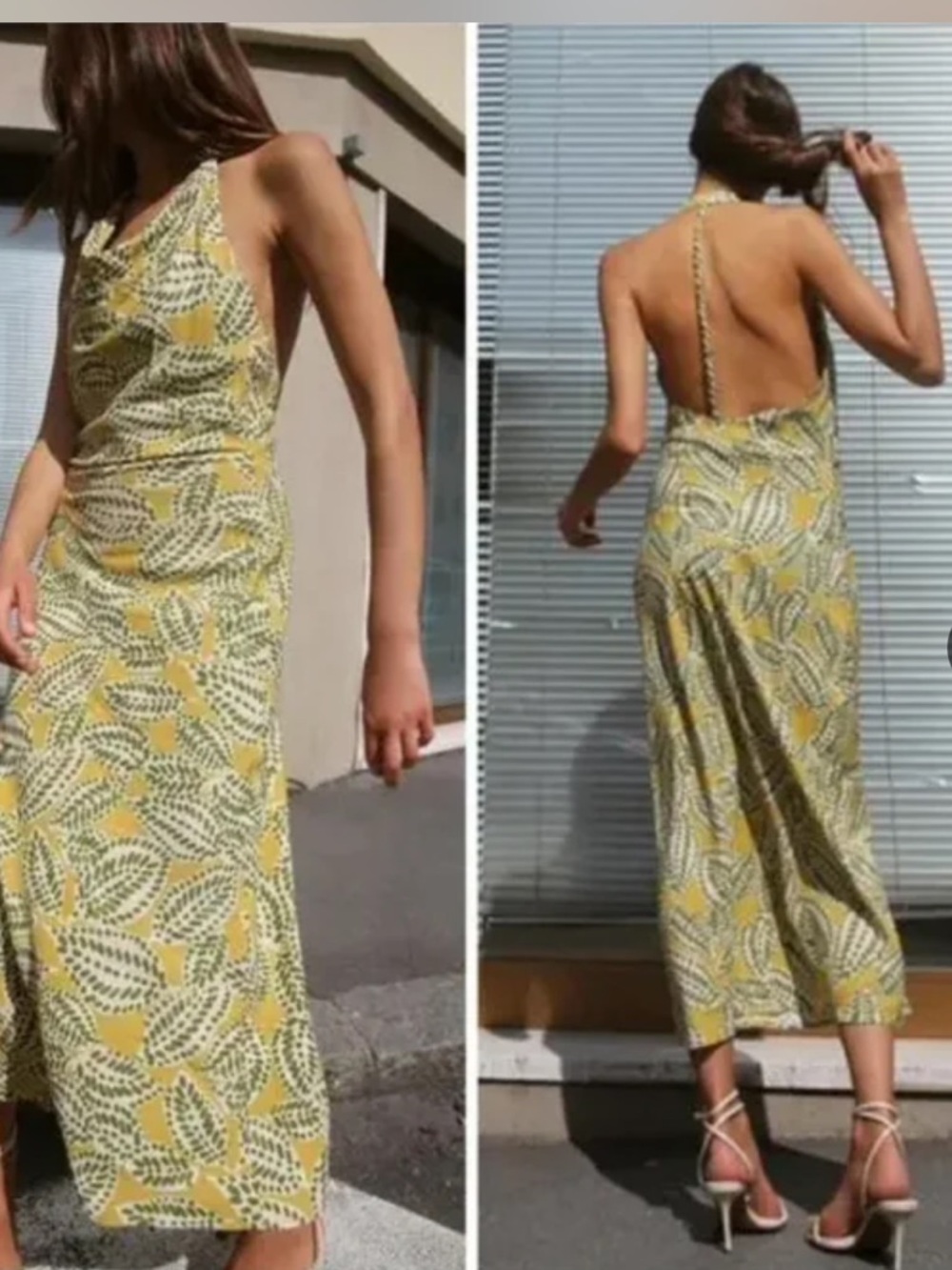 NWT Zara Green /Yellow Linen Blend Leaf Print Backless Halter Midi Dress Size XL - Picture 1 of 14